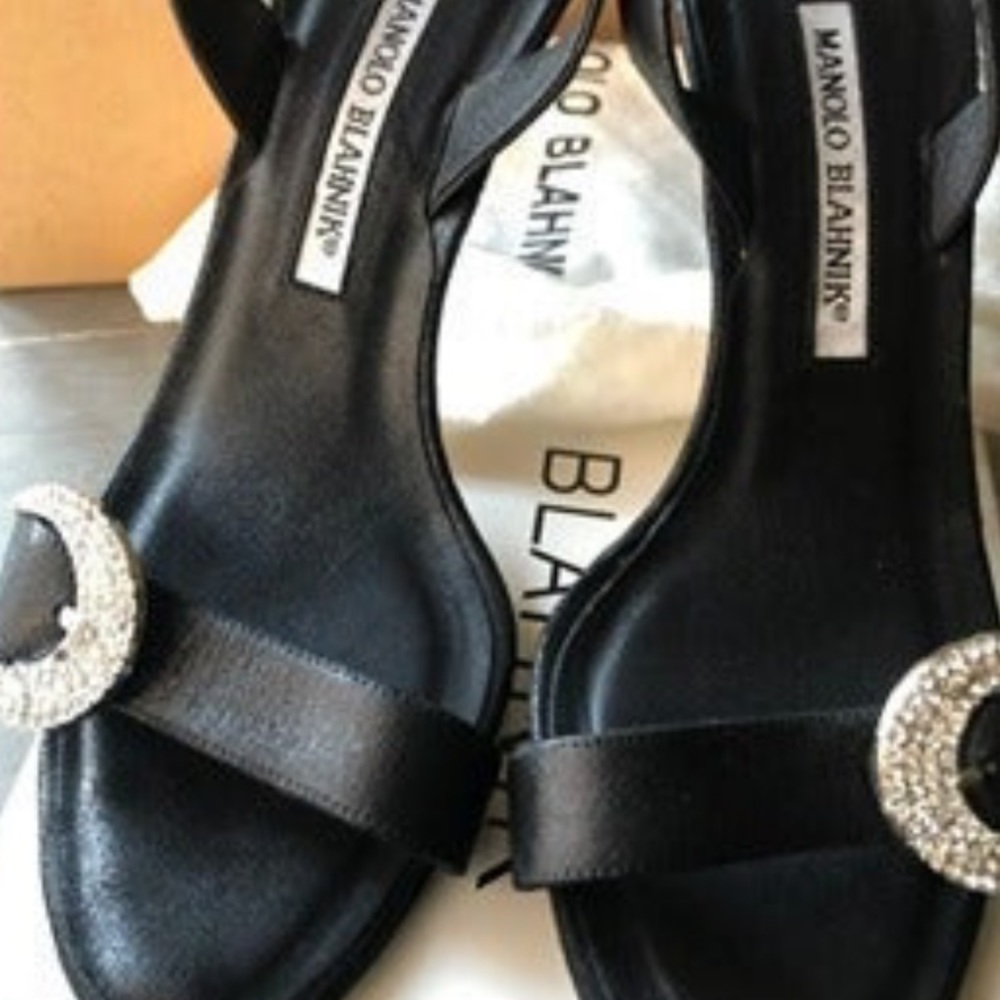 Manolo Blahnik Selunga Silk and Leather Slingback Sandals in Black - Picture 6 of 11